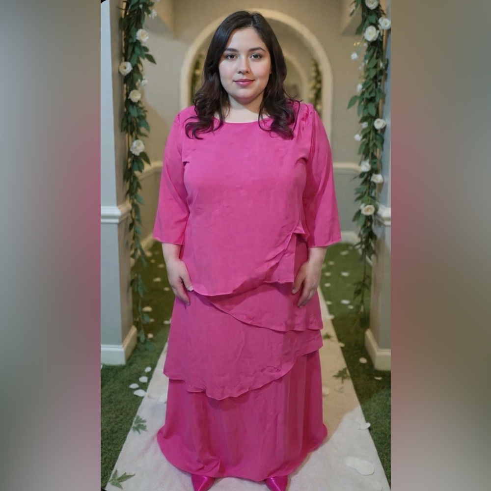 #762 Barbie Pink Tier Chiffon Long Dress-1X/Size 16
